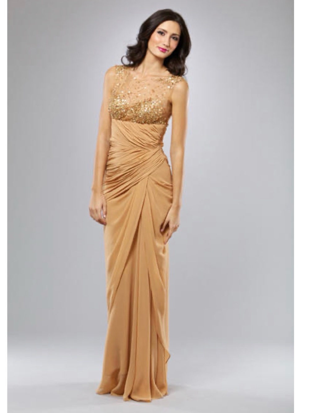Mignon Gold Sequin Bodice Draped Maxi Gown